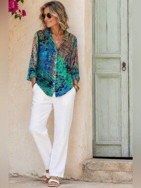 Tianello Washable Silk Loving Blouse Tunic Top Blue Green Gold Print Women's S